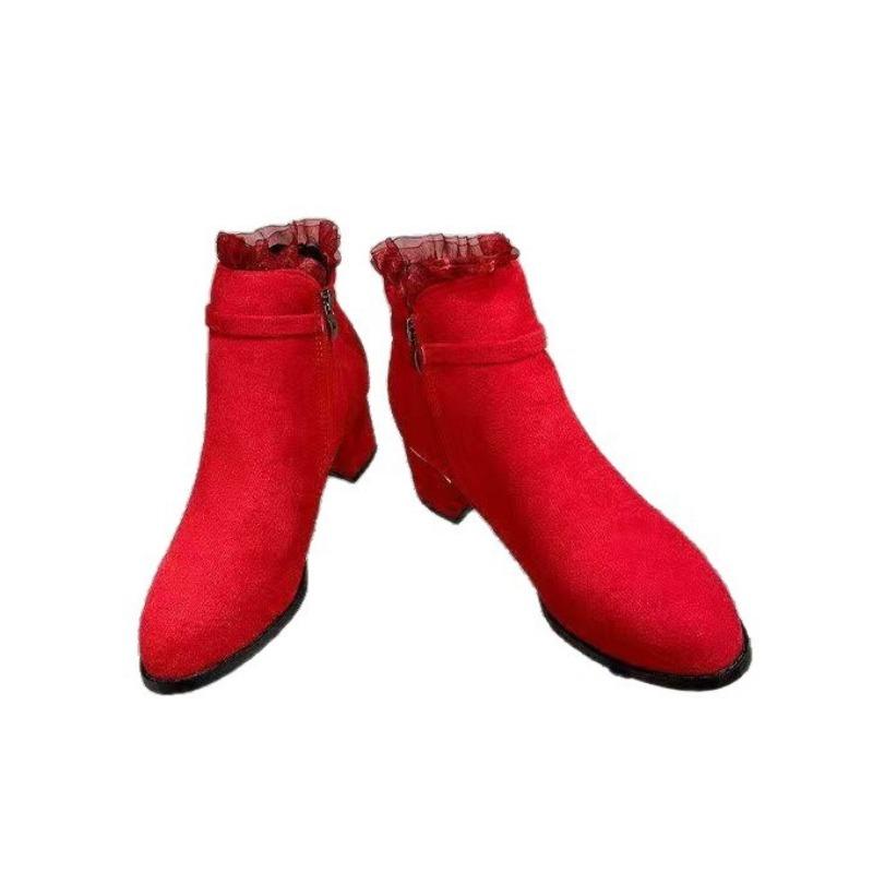 Autumn and Winter Red Frosted Soft Leather Women's Short Boots Round Head Thick Heel Martin Boots Velvet Warm Middle Heel Women's Boots