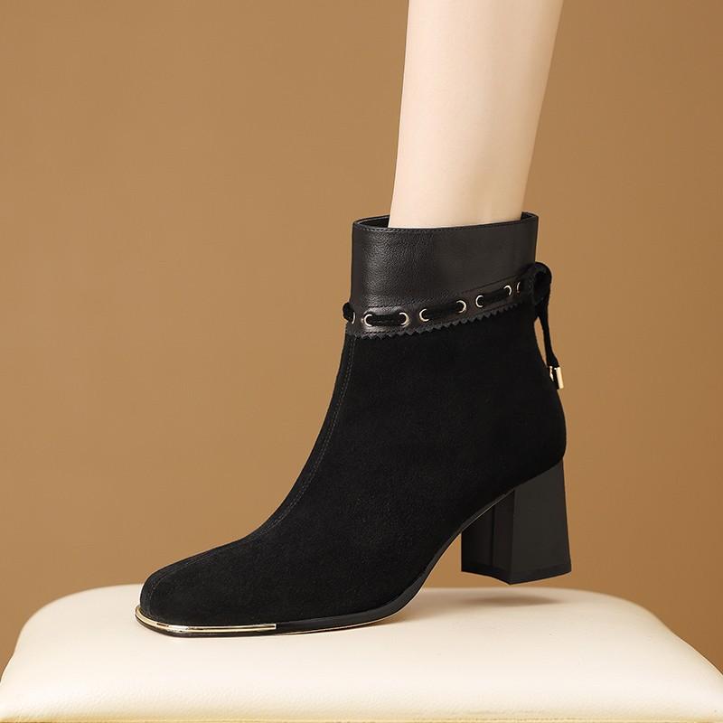 Metal Collision Avoidance Square Toe Fashion Booties Fall New Suede Side Zip Non-Slip Heels