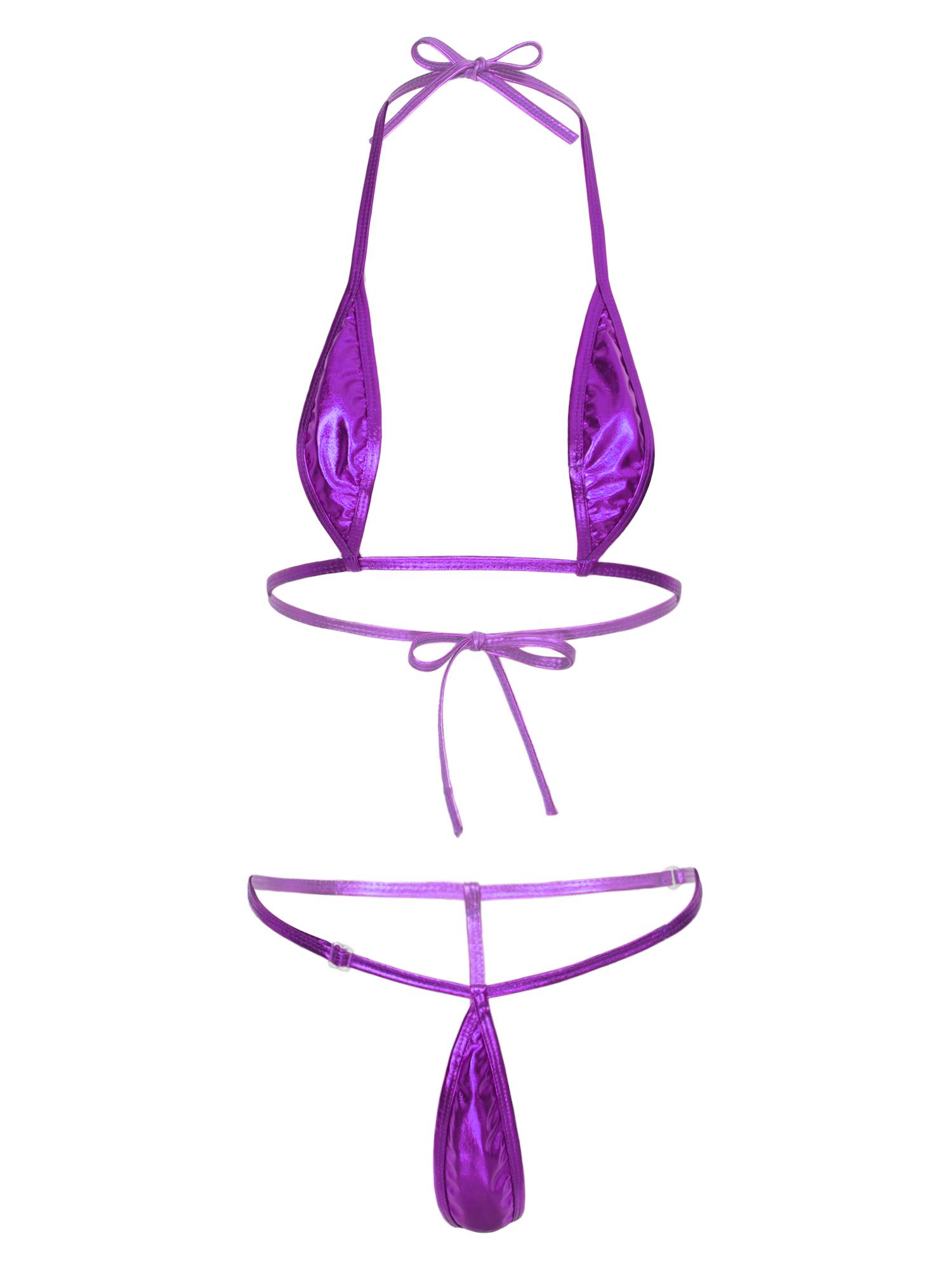 

Женский глянцевый микро бикини комплект сексуальный купальник из двух частей для вечеринки у бассейна пляжный отдых регулируемые бретели стринги One Size фиолетовый