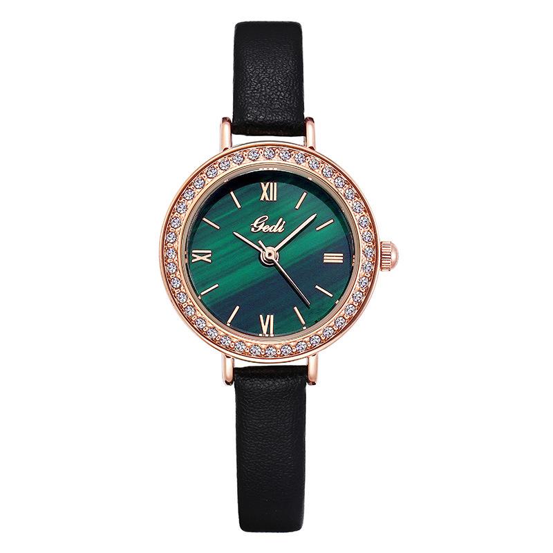 High-value Round Fashion Atmosphere Diamond-encrusted Waterproof Quartz Watch Simple Leather Business Rose Gold