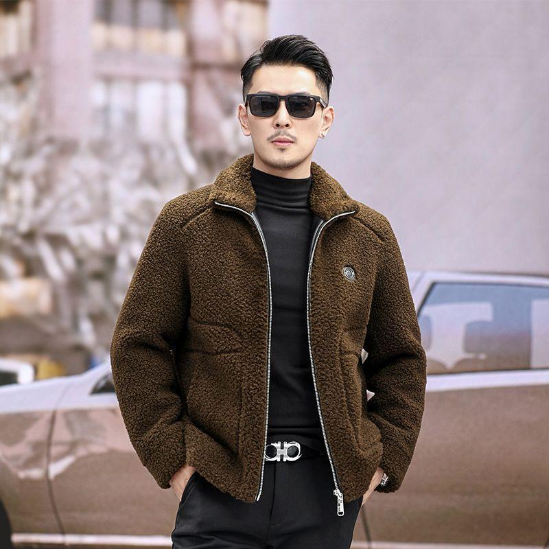 Men's Autumn and Winter Lambskin Jackets, Men's Stand-up Collar Fashionable Casual Jackets, Thickened Granular Fleece Coats