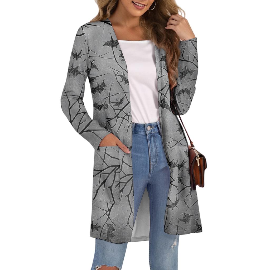 Cardigan da Donna Casual Comodo con Stampa di Halloween di Media Lunghezza con Tasche Giacca