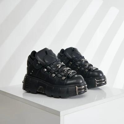 Fashion Spring and Autumn New Women's Shoes Heavy Metal Thick Soles Increase High and Low Punk Small Leather Shoes Black Motorcycle Boot