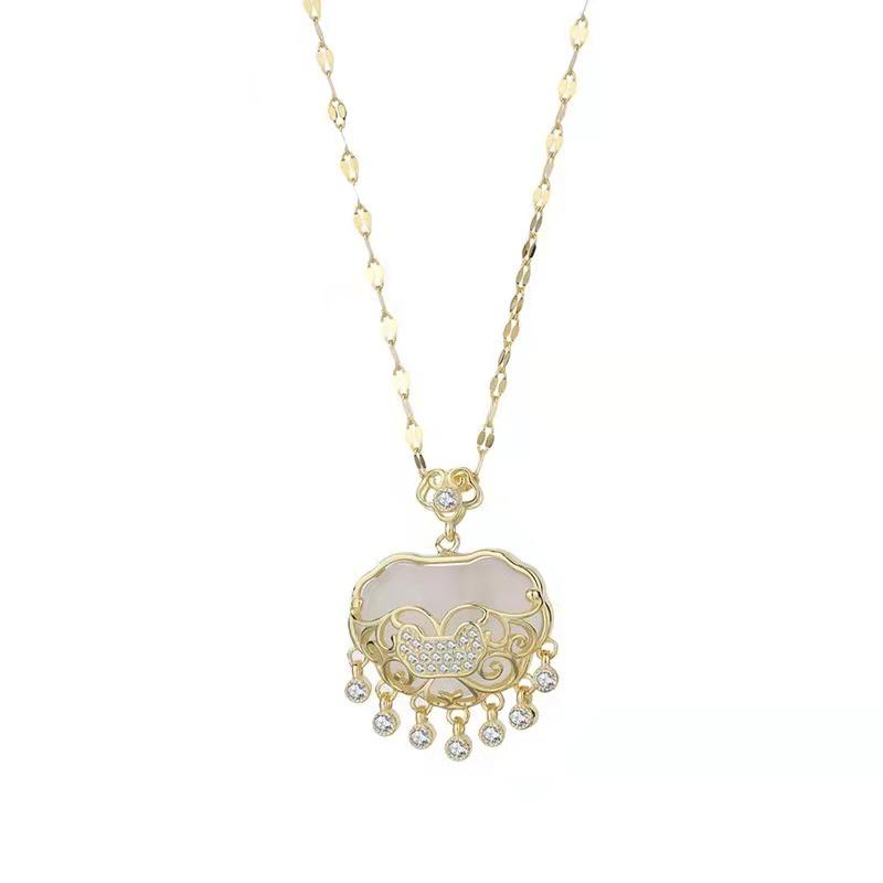 White Agate Ruyi Ping'an Lock Necklace, Chinese Style Clavicle Chain with Long Life Lock Pendant for Women