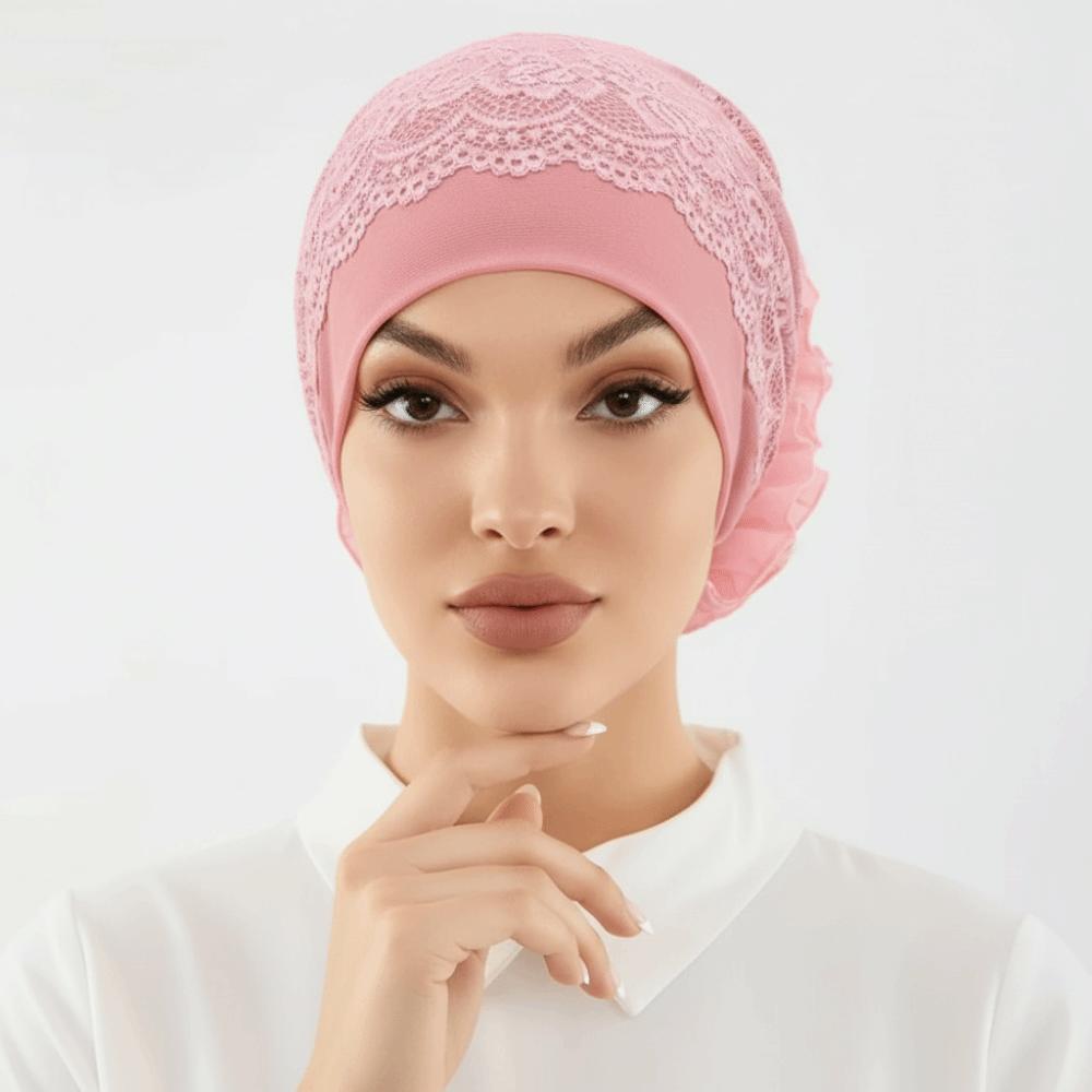 Elegant Headscarf Hat Lace Edge Women's Hijabs Flower Design Pullover Hat  Women Headwear