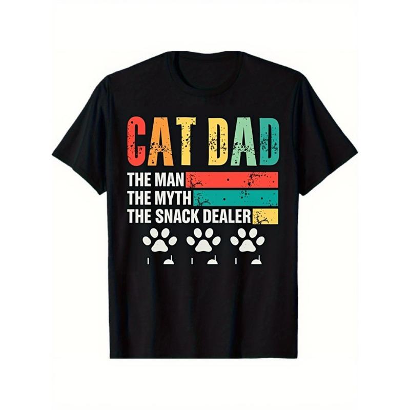 

European sizes Men s Retro Cat Dad T-Shirt - Soft Crew Neck Short Sleeve Shirt with Funny Cat & Dad Print 4XL чорний