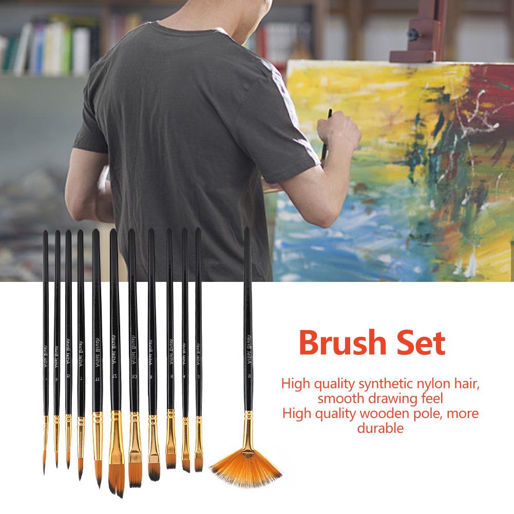 12pcs Black Wooden Pole Nylon Hair Paint Brush Set Art Craft Painting Watercolor Brush Kit