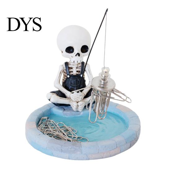 Funny Halloween Decorations Fishing Skeleton Magnetic Paperclip Holder, Skull Office Supplies Organizer Dark Humor with Storage Tray, Resin