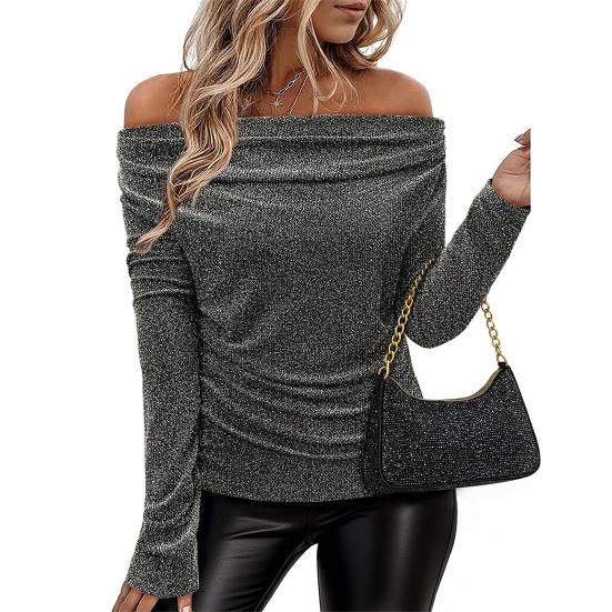 Kadın Tişört Omuz Dekolteli Uzun Kollu Dar Kesim Üstler Pul Payetli Düz Renk Esnek Üstler İş Partisi Günlük Giyim