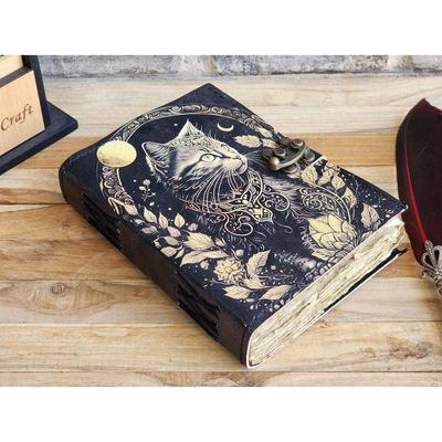 Caltic Katze Bedrucktes Lederjournal Vintage Look Papier Grimoire Lederjournal Buch der Schatten Geschenk für Ihn Geschenk für Mama Magisches Notizbuch