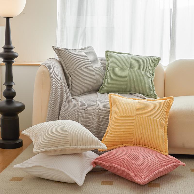 Modern Corduroy Patchwork Pillow Cover with Piping - Light Color Corn Stripe Design for Living Room Cushion
