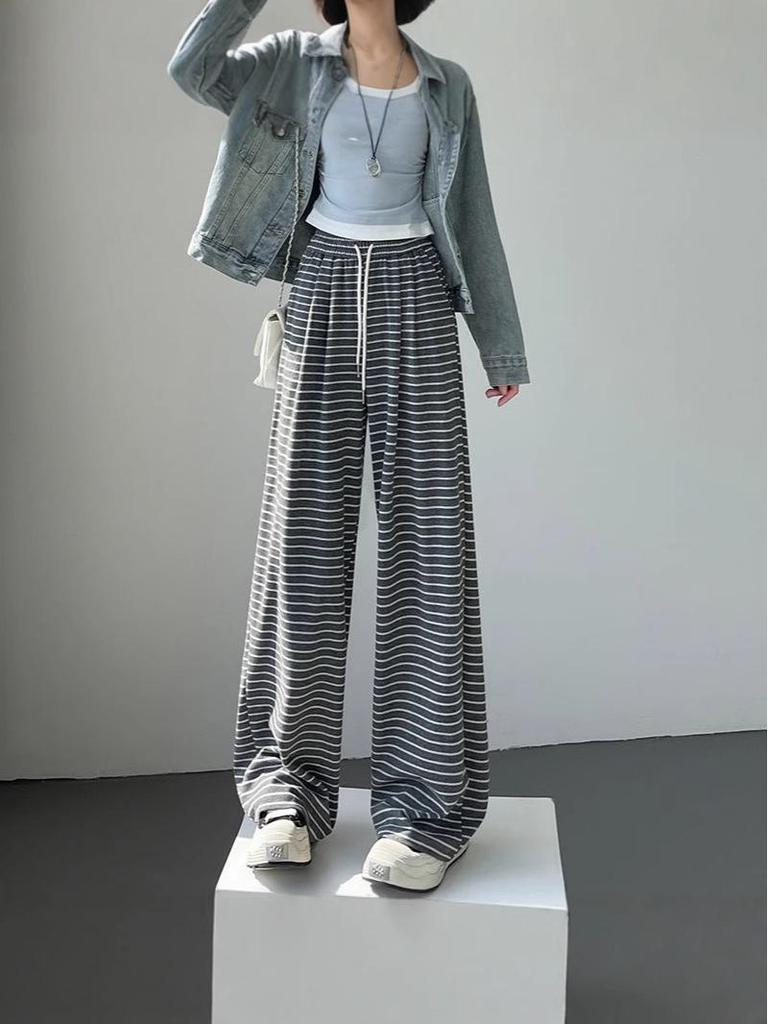 Autumn 2024 Women's Striped Wide-Leg Tie-Waist Pants - Casual, Floor-Length Trousers