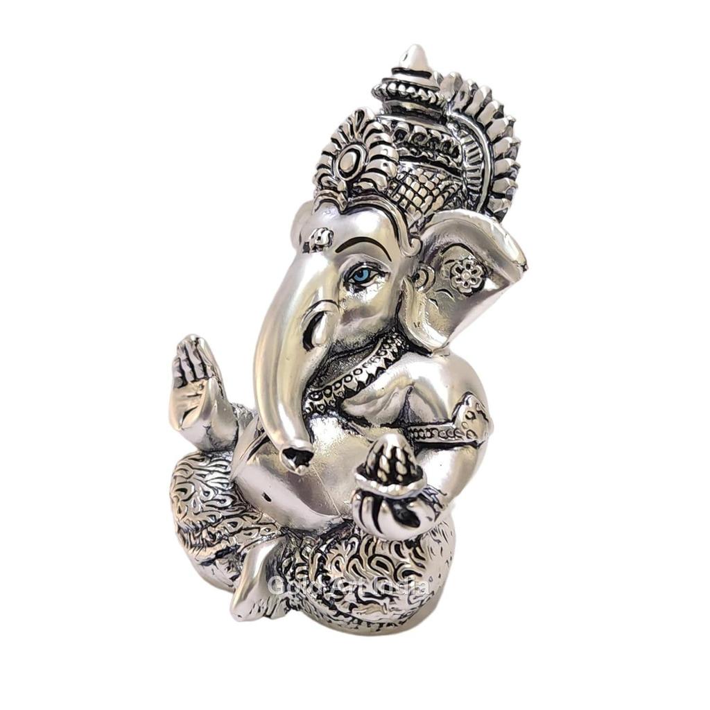 Matte Silver Plated Antique Mukut Ganesha - 3.5" - Perfect for Gifting, Home Decor, Car Dashboard Murti Ganpati Idol for Home Decor