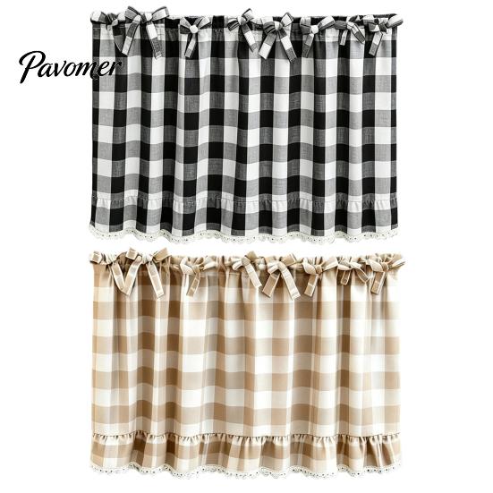 Window Valance with Lace Trim Buffalo Check Valance, Ruffled Curtain And Bows, Small Valances Light Filtering Rod Pocket for Kitchen Living