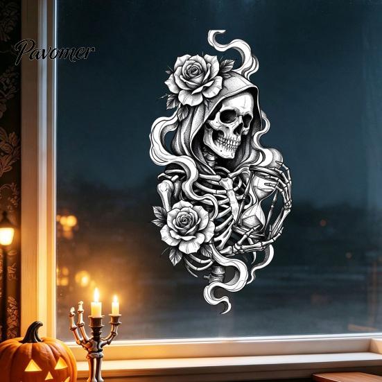 Waterproof PVC Window Decal Halloween Skeleton And Rose Static Clings, Removable Sketch Skull & Glass Sticker Flower Sticker, for Home Store