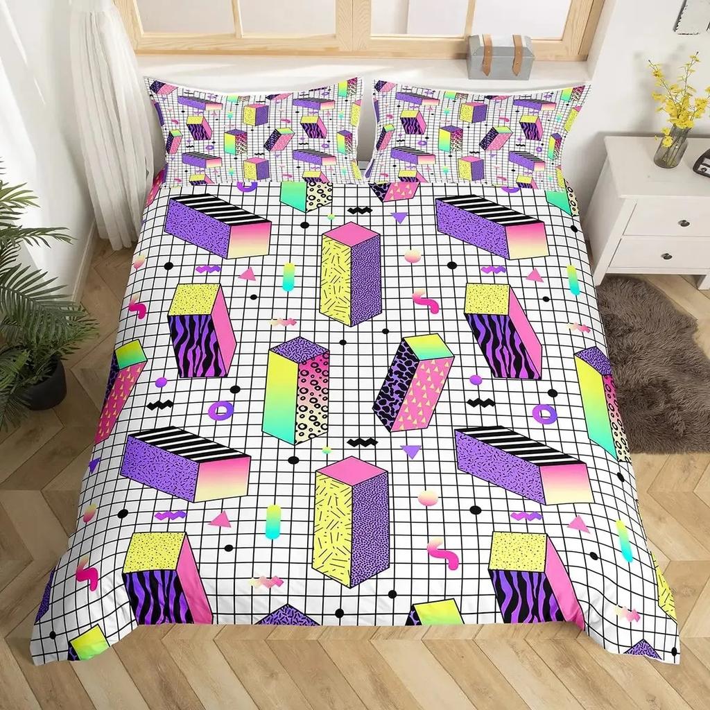 Retro Memphis Style Duvet Cover Set Galaxy Fashion Style Geometric Shapes Bedding Set Full,Hipster Old Fashioned Comforter Cover