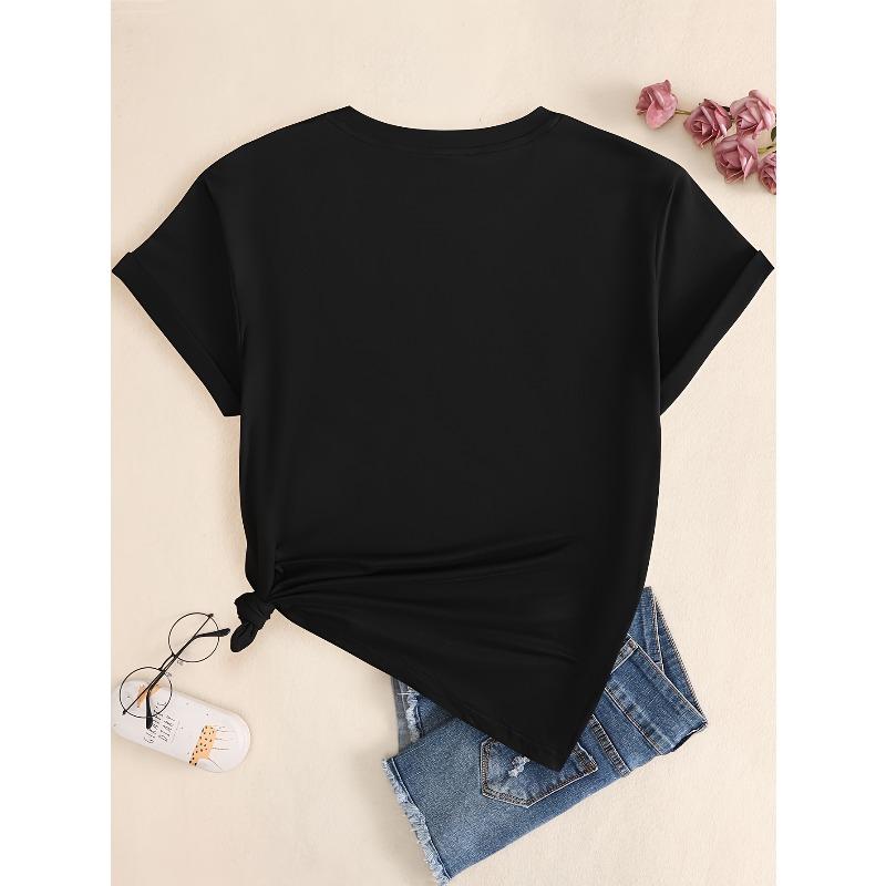 European Sizes Women'S Casual Crew Neck T-Shirt Graphic Design - Short Sleeve, Slight Stretch, Black Summer Tee for Casual Attire, Ladies T Shirts