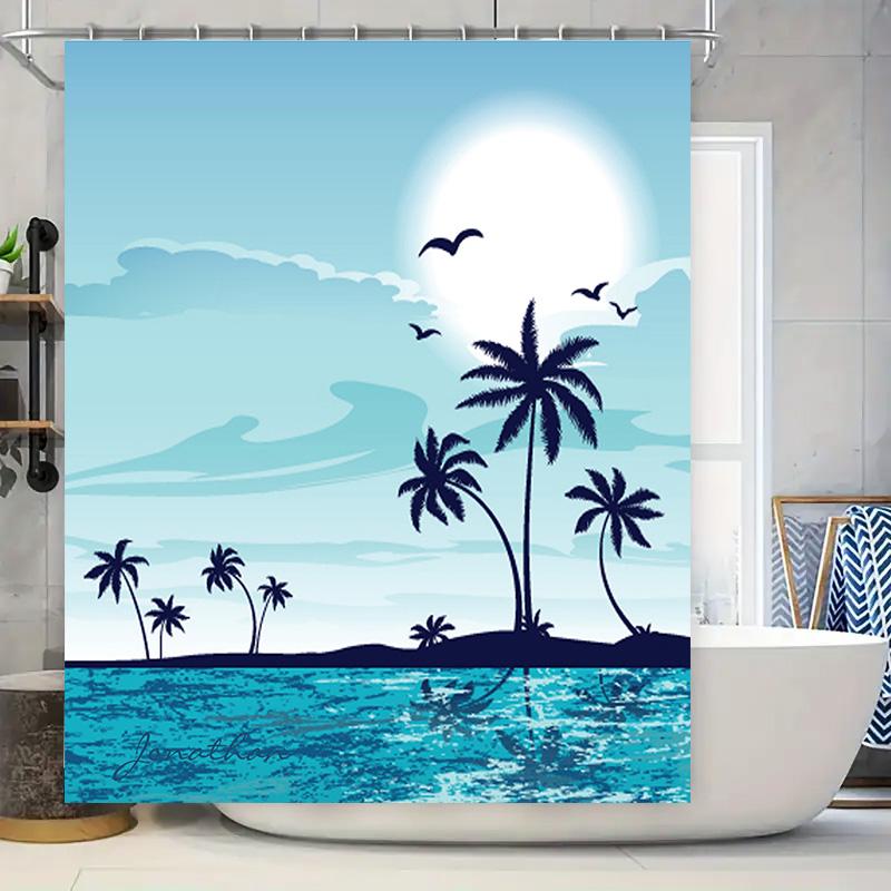 Tropical Island Sunset Palm Tree Blue Shower Curtain Ideal for Beach Themed Bathrooms (Sized 69x70) 90x180cm