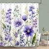 Purple Vineman Botanical Watercolour Shower Curtain Lavender Butterfly Floral Polyester Shower Curtain Bathroom Decor with Hooks