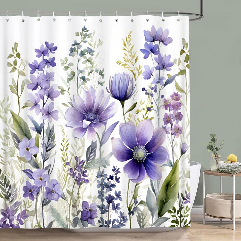 

Purple Vineman Botanical Watercolour Shower Curtain Lavender Butterfly Floral Polyester Shower Curtain Bathroom Decor With Hooks W60H190(CM)-1 Pcs