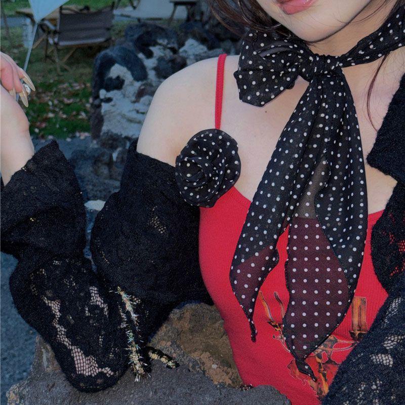 Y2K Black Polka Dot Rose Irregular Long Scarf - Sexy, Versatile Millennial Style for Bloggers