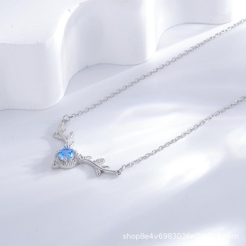 Korean Japanese Style Sterling Silver Elk Antler Necklace for Women - Simple, Sweet, and Fashionable Collarbone Chain Jewelry