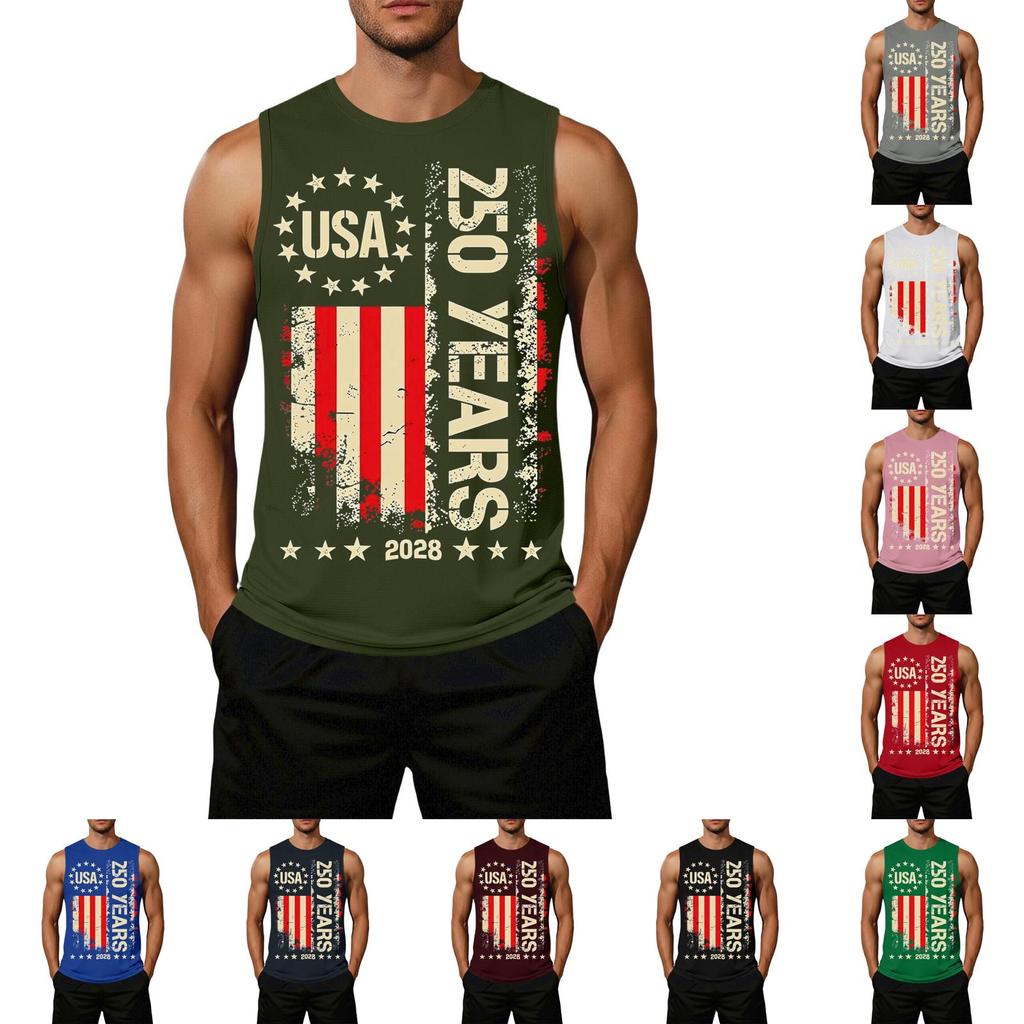 Men's Loose Fit Sleeveless Casual Top Flag Print Semi-Quincentennial USA 250 Years Graphic Tank Shirt Summer Wear