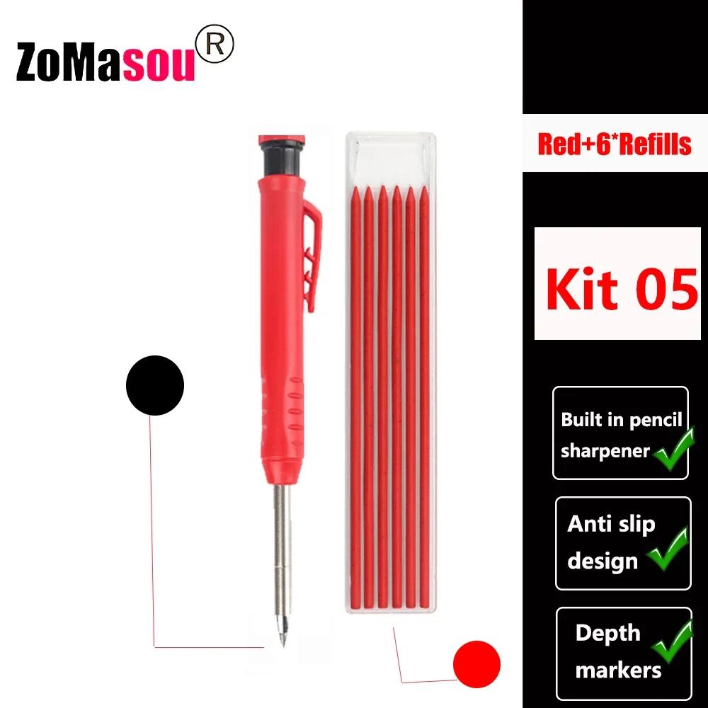 Reuseable Long Head Deep Hole Markers Pen Pencils Solid Carpenter Refill Leads Built-in Sharpener Woodwork Construction Tools