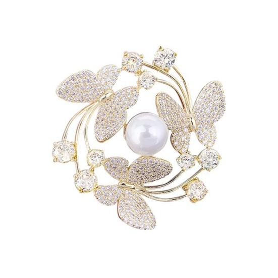 Брошь Высокий блеск Стразы Имитация жемчуга Инкрустация Сверкающие бабочки Дизайн Булавка для лацкана Нескользящая