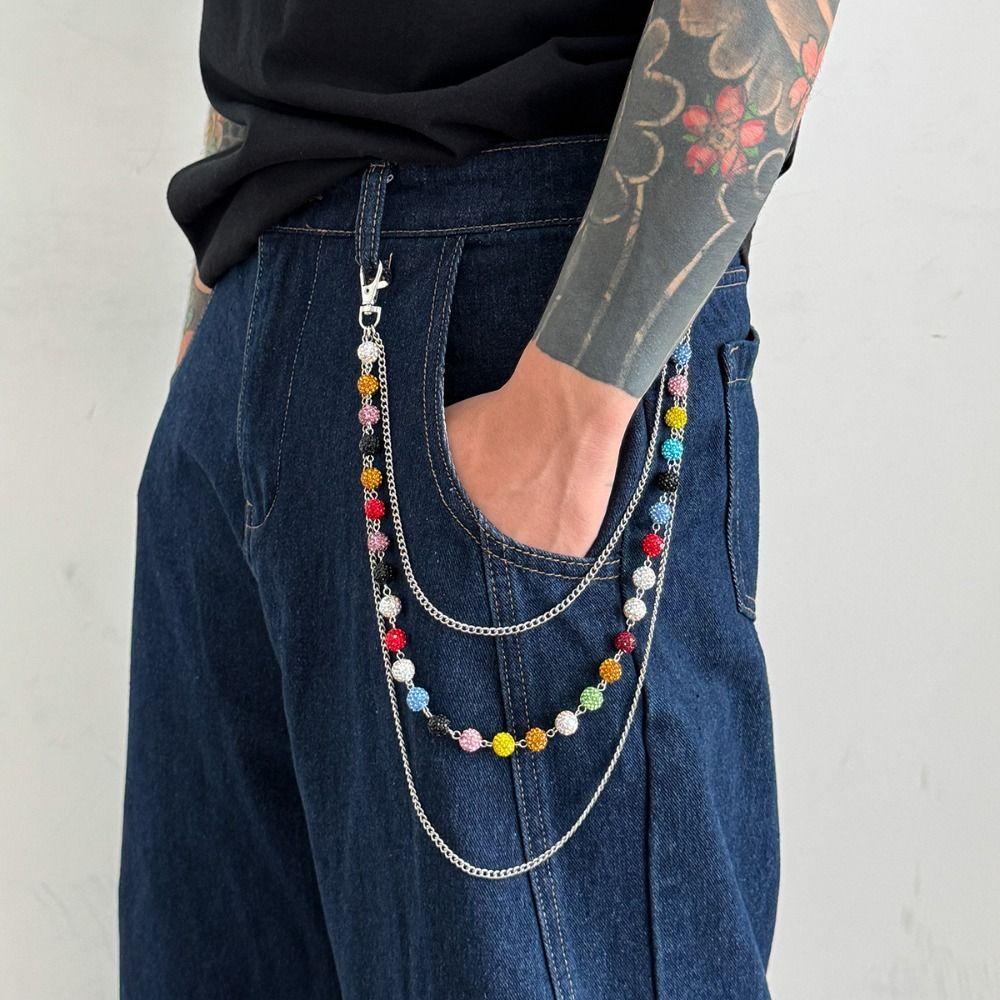 Jeans Chain Punk Belt Chain Zinc Zinc Zinc Alloy Pants Chain Colorful Rhinestone Bead Waist Chain Steet