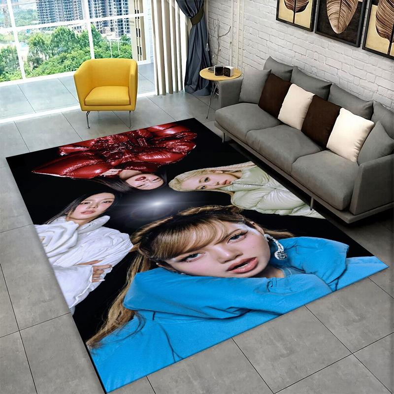 Fashion B-Black P-Pink Kpop Star Carpet Rug for Playroom Bedroom Living Room Sofa Home Decor,kid Area Rug Non-slip Floor Mat