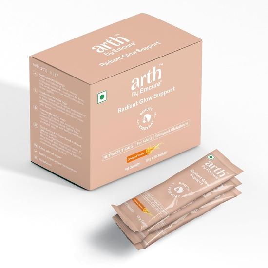Arth by Emcure Radiant Glow Support Plant Based Collagen with Glutathione, 0N X 10g Easy To Carry Sachets | 20 Day Pack |