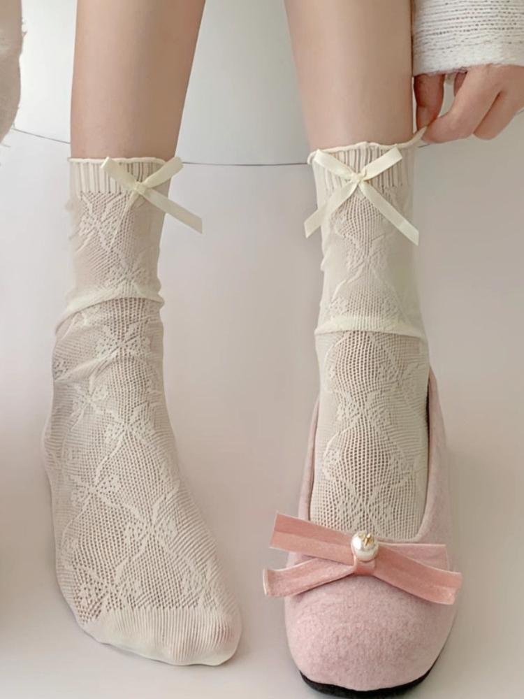 

White Socks Japanese Style Lace Sock JK Anime Lolita Kawaii Sock Women s Summer Hollow Out Breathable Bowknot Fishnet Long Socks One Size бежевий
