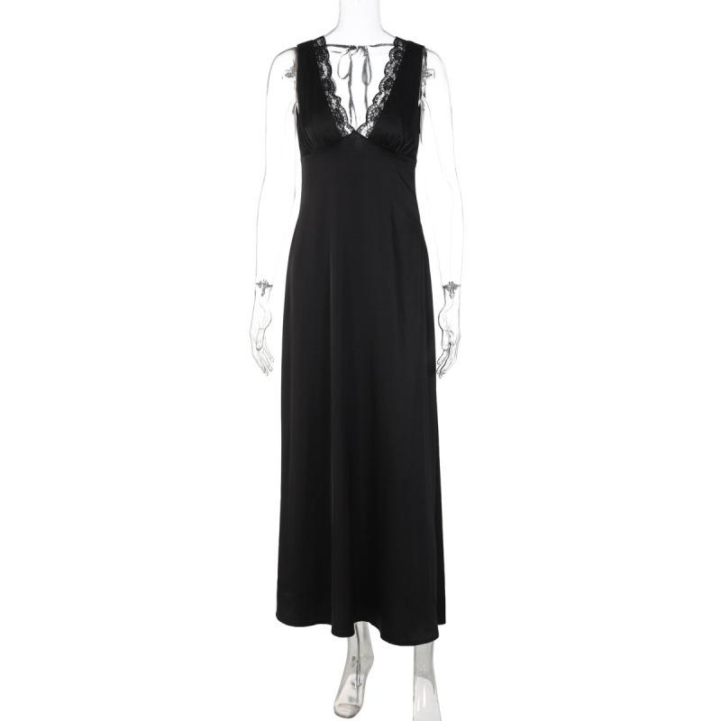 European and American women s clothing new fashion and sexy lace edge deep V suspender slim backless dress S