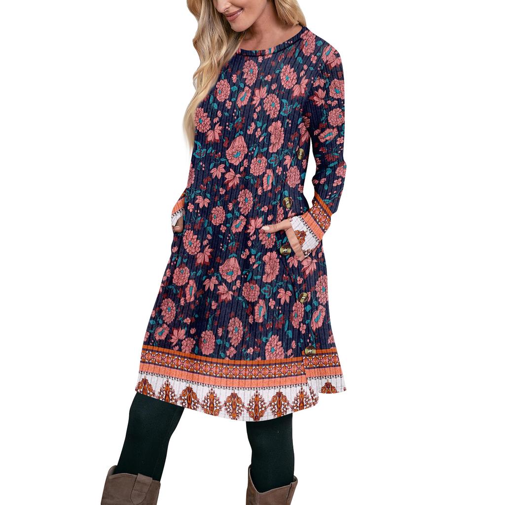 Women's Fashion Casual Long SleeveTunic Dress With Pockets Side Button Dress