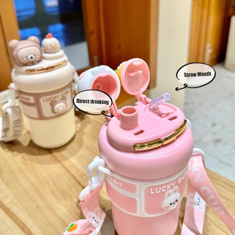 Cute Rabbit Bear Thermos Double Drinking Straw Tumbler Water Bottles For Boys and Girls Portable Children's Drinking Water Cup