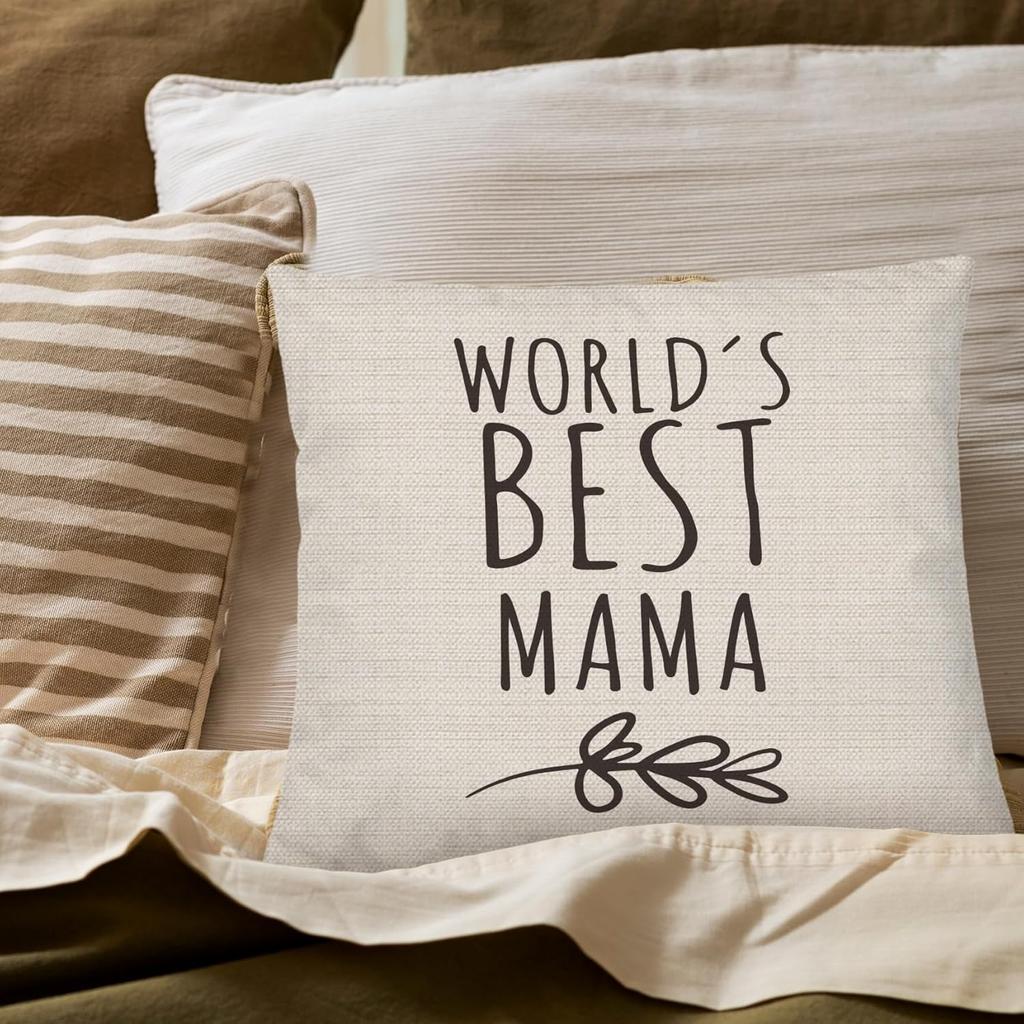 Mama Gifts Pillow Covers 18x18, Best Mom Gifts for Mother's Day Birthday from Daughter Son, World's Best Mama Decorative Throw Pillow Cover for Home