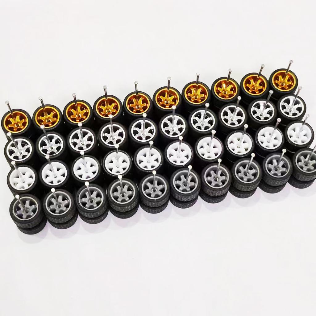 20Sets 1/64 Alloy Car Model Wheels TE37 Mini Wheel with Textured Tire Tyres Spare Parts Diameter 11mm