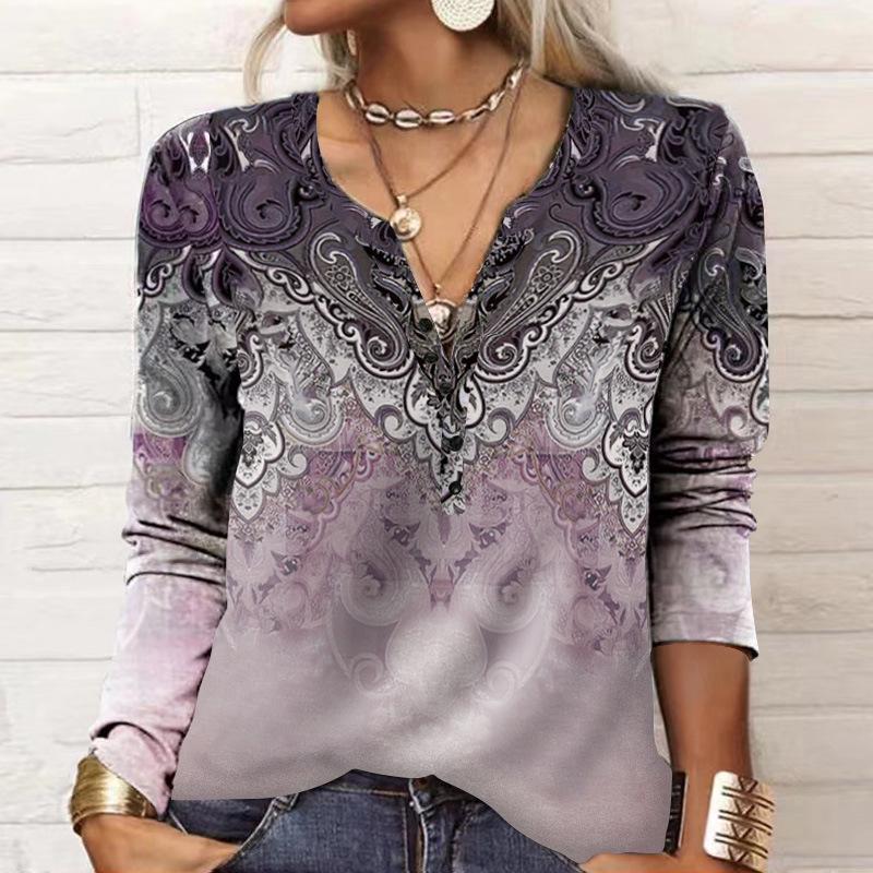 2023 Autumn/Winter European & American Women's Long-Sleeve Ethnic Print Fashion T-Shirt