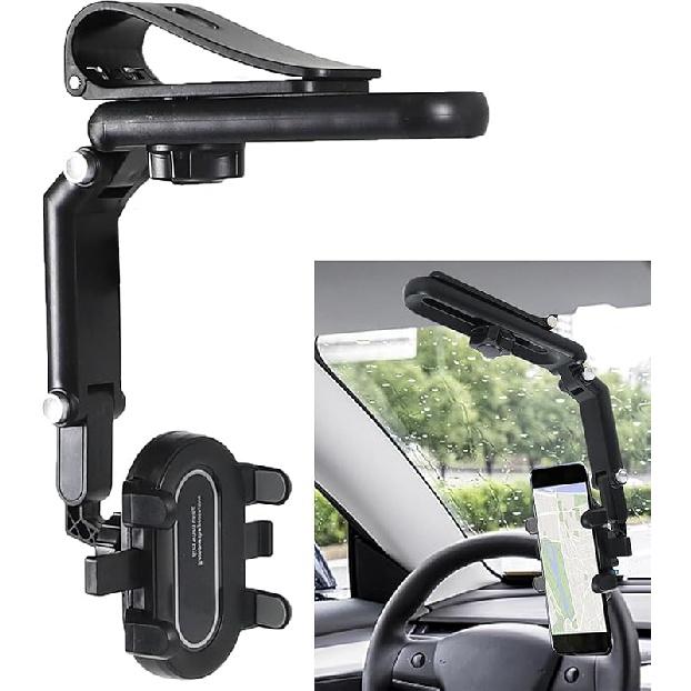 Sun Visor Car Phone Holder, 360° Rotatable Retractable Car Cell Phone Holder, Adjustable Rearview Mirror Phone Mount Clip for Most Smartphones,