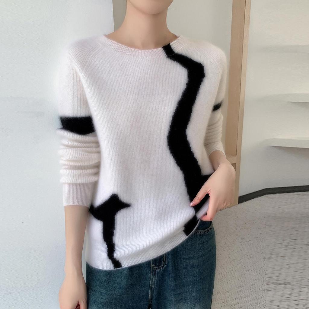 Women's Cashmere Color Block Round Neck Pullover Sweater - Elegant Style, Warm Knit