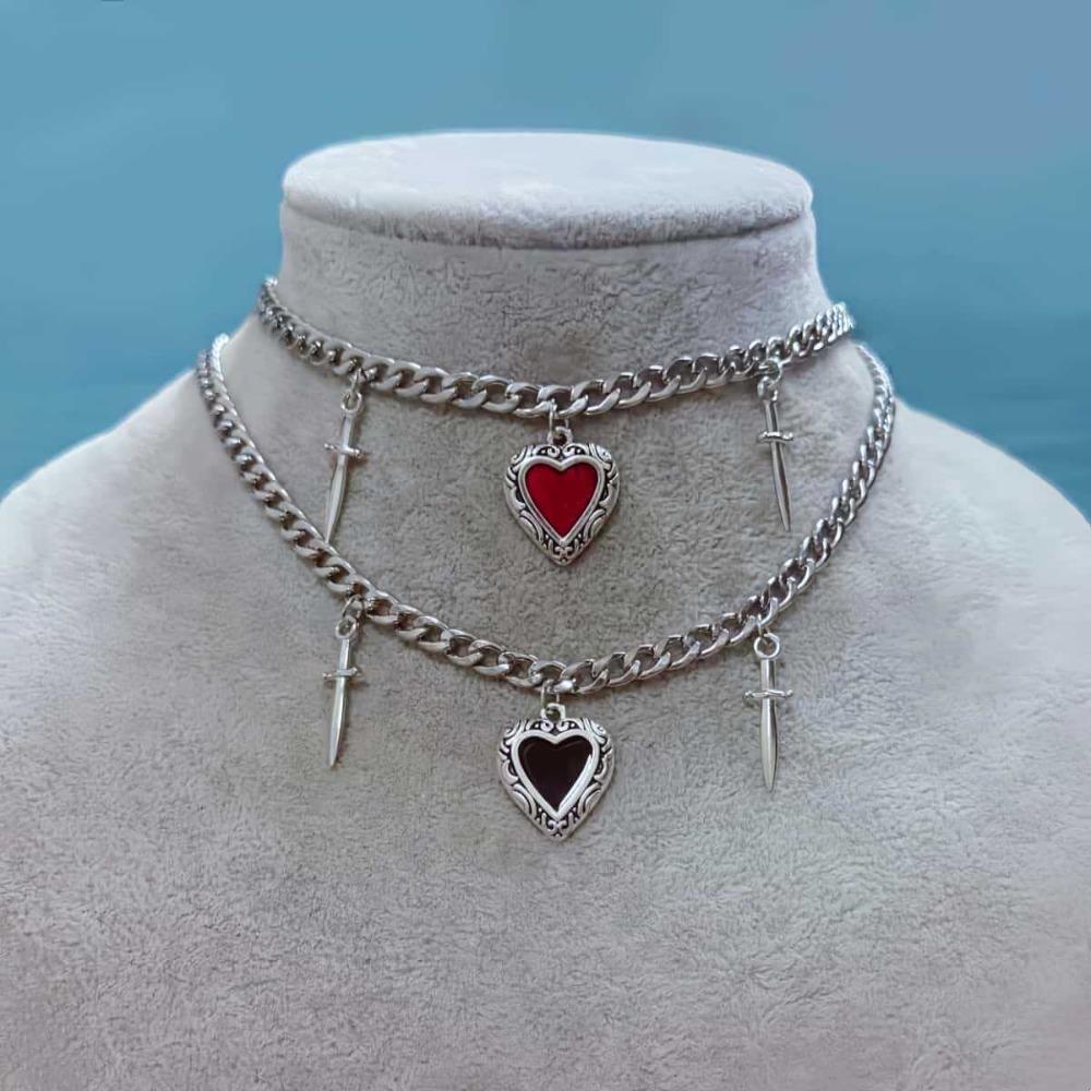 Punk Gothic Red Heart & Sword Pendant Choker Necklace Silver Color Cuban Chain for Women Men Party Daily Y2K Aesthetic Jewelry
