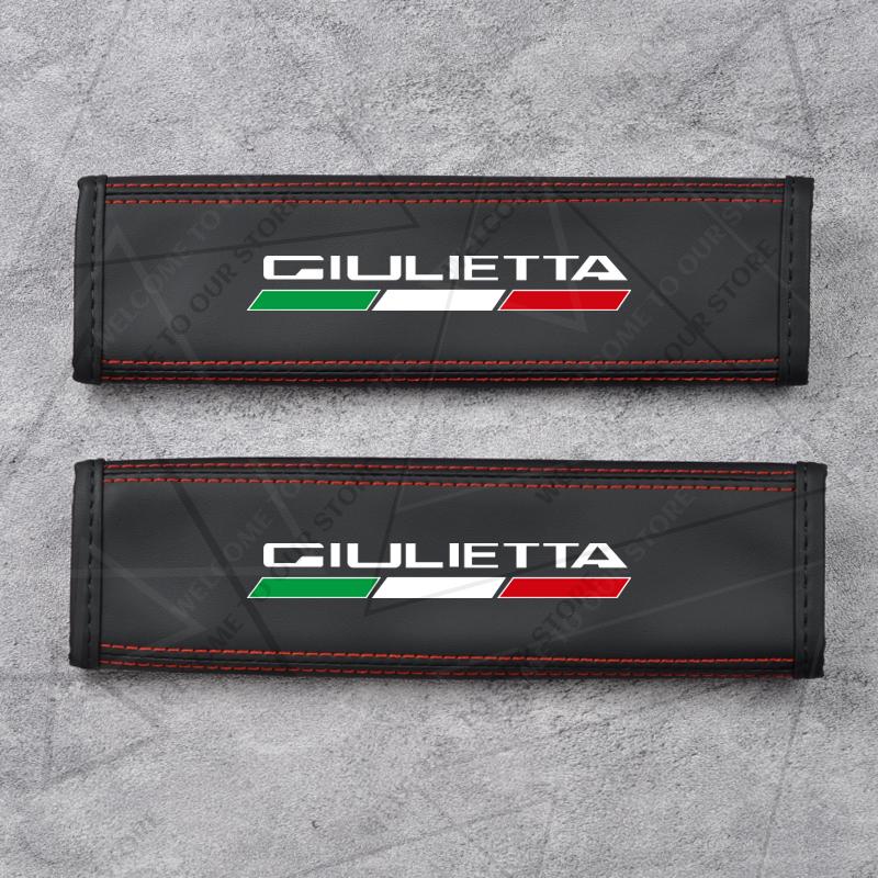 

2Pcs For Giulia MITO Giulietta Stelvio Emblem Logo Leather Car Safety Belt Shoulder Cover Pads Interior Decoration Accessories