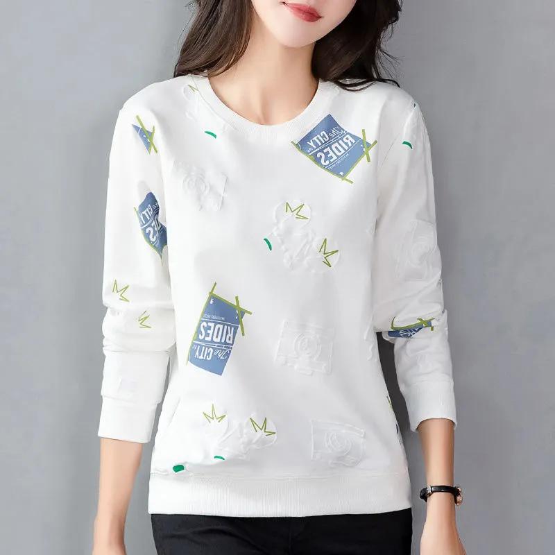 Women's Spring/Fall Long-Sleeve Printed Sweatshirt Round Neck Korean Style Slimming Top