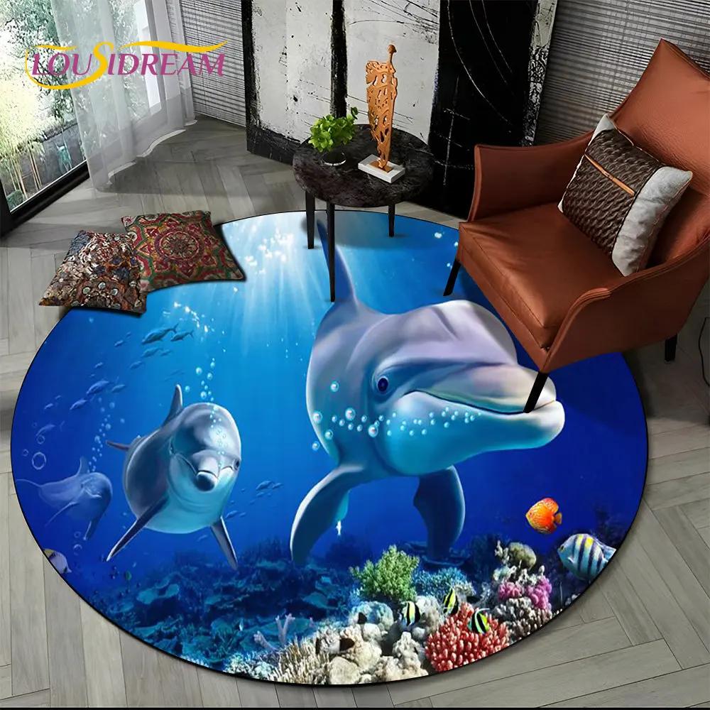 3D Seabed Underwater World Dolphin Turtle Round Area Rug,Carpet for Living Room Bedroom Sofa Playroom Decor,Non-slip Floor Mat