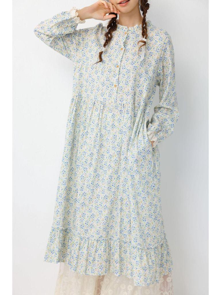 Spring Women's Mori Style Floral Cotton Linen Long Dress with Ruffle Patchwork