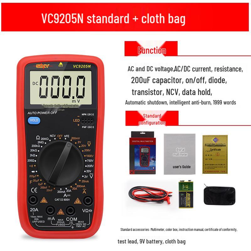 Shengde DT9205N High-Precision Digital Multimeter with Anti-Burn Protection and Auto Power-Off