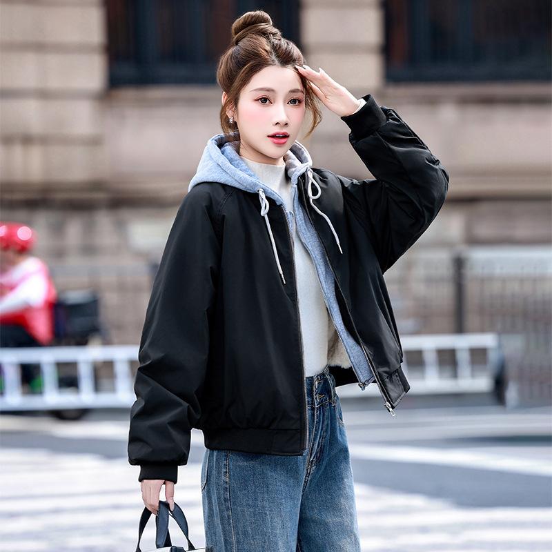 Simple couple baseball cotton jacket hooded loose splicing sweater fake two contrasting thick cotton jacket