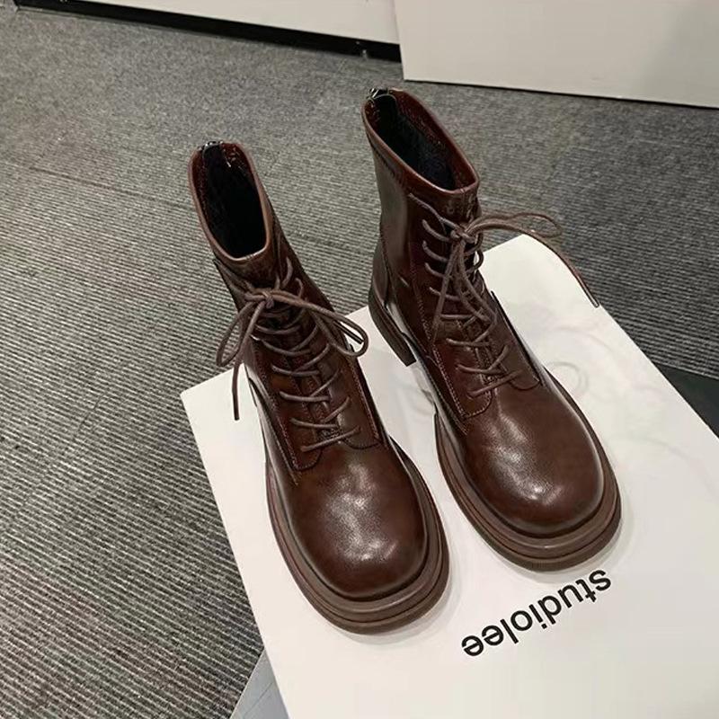 Grape mother round head autumn and winter new thin thick heel short boots women's heightening lace-up Martin short boots