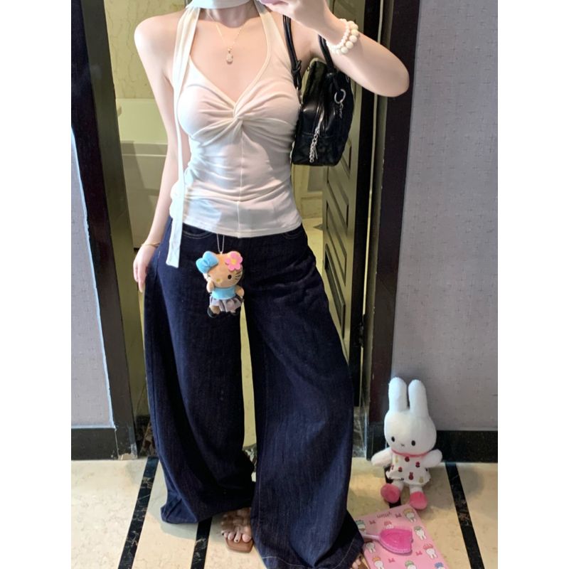 Kumikumi Design Sense Apricot Twisted Ribbon Halter Top Women Summer Chic Age-Reducing Slim fit Slimming Top